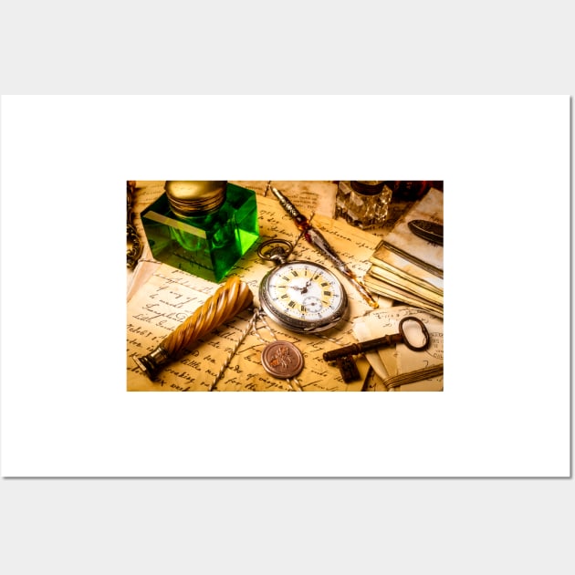 Pocket Watch And Green Ink Well Wall Art by photogarry